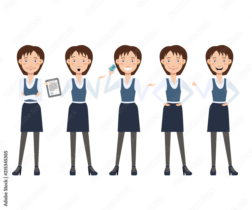 Multitasking business lady character set with different poses, emotions, gestures. Animation constructor: talking on phone, shocked from contract. Can be used for design, animation