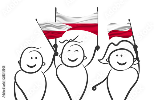 Cheering crowd with Poland national flags. The flag of Poland.