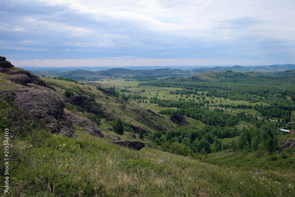Scenic landscape of South Ural mountains near Kryiktyitau range, Bashkiria, Russia