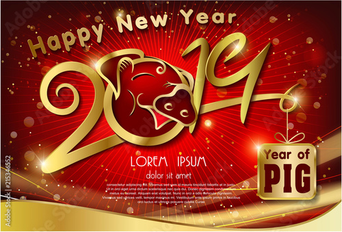golden 2019 text design of pig year on red light background