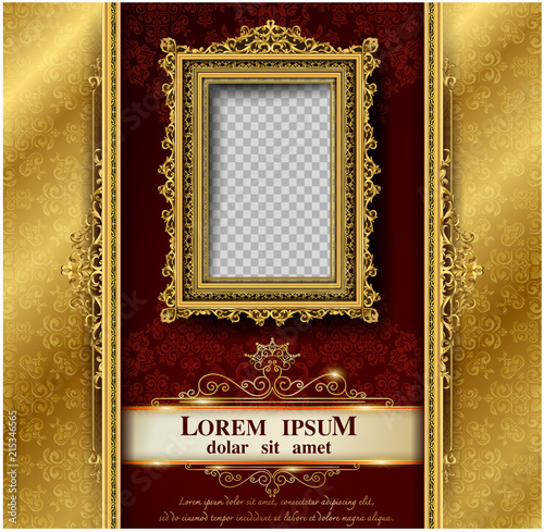 retro photo frame on thai pattern gold border background