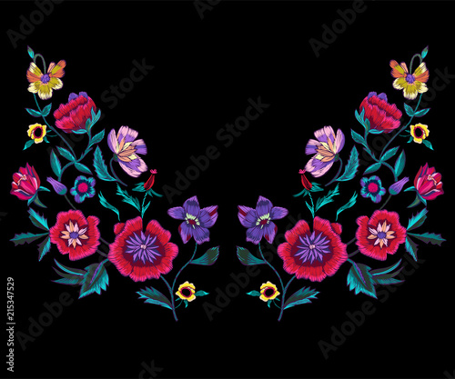 Embroidery neckline pattern with poppies and meadow flowers. Vector embroidered floral patch for clothing design.