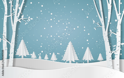 Fototapeta Wesołych Świąt, las śnieżny. sosny w zimie i góry Ilustracja wektora papieru