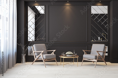 Classic black modern interior empty room with lounge armchairs, table and mirrors.