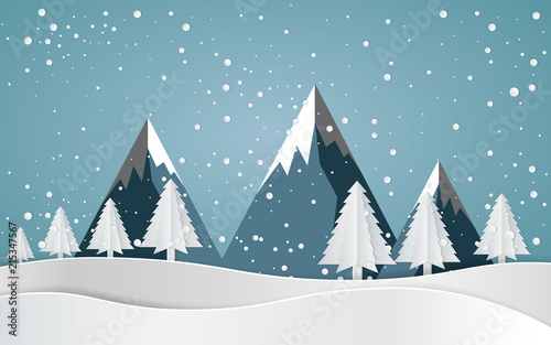 Merry christmas Snow forest. pines in winter and mountain Paper vector Illustration