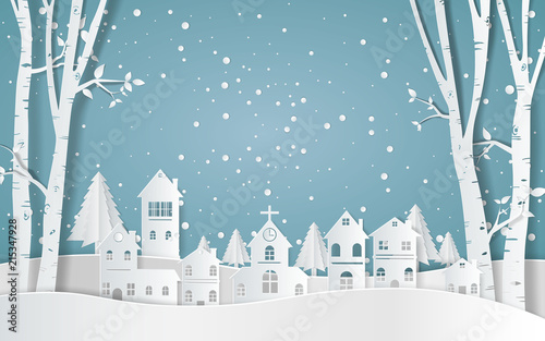 winter with homes and snowy paper art . beautiful scenery in the  design  vector