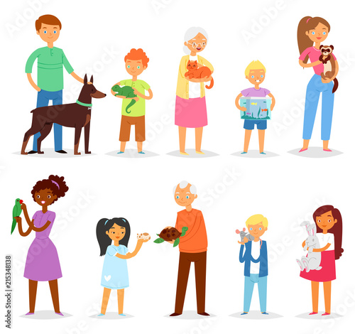 People with pet vector woman or man and children playing with animal characters cat dog or puppy illustration set of person girl or boy with turtle or parrot isolated on white background