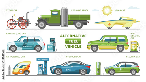 Fuel alternative vehicle vector team-car or gas-truck and solar-car or autogas- vehicle illustration set of bio-ethanol and hydrogen or electric-car isolated on white background