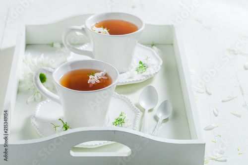 Fresh to cup of tea with honey with spring flowers