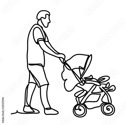 Father with little son in stroller. Sunny park. Continuous line drawing. Isolated on the white background. Vector monochrome, drawing by lines