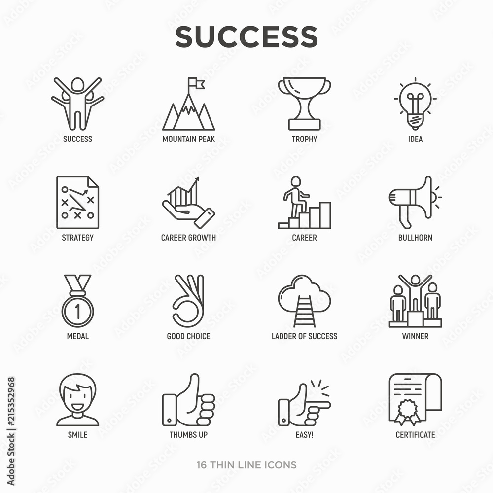 Success thin line icons set: trophy, idea, mountain peak, career, bullhorn, strategy, ladder, winner, medal, award, good choice, easy, certificate. Modern vector illustration. Success thin line icons set: trophy, idea, mountain peak, career, bullhorn, strategy, ladder, winner, medal, award, good choice, easy, certificate. Modern vector illustration.