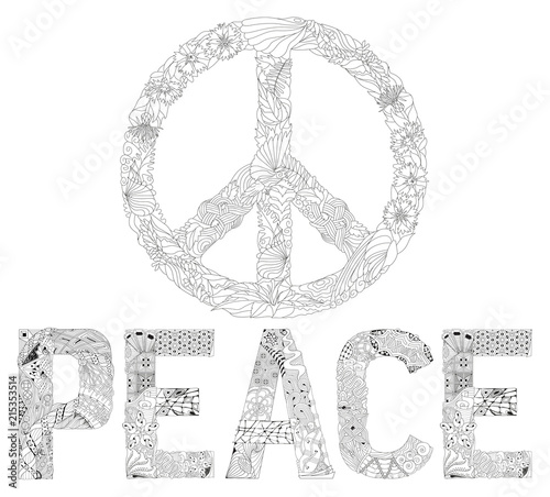 Zentangle stylized word PEACE sign of peace for coloring. Hand Drawn lace vector illustration