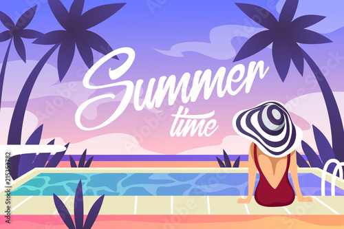 girl and pool. summer vacation. outdoor. seascape. vector cartoon illustration