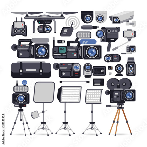 Videographer Equipment Icons in Flat Style