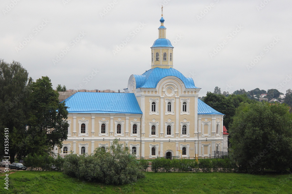 Russia, Smolensk, view from the Dnieper river embankment on the Church of St. Nicholas close-up in the summer cloudy day