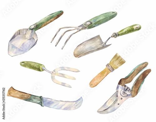 Watercolor icons of gardening instruments