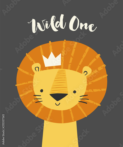 Cute lion in a crown. Wild one brush lettering. Baby lion animal character. Illustration for baby kids poster, nursery wall art, card, invitation, birthday, apparel.