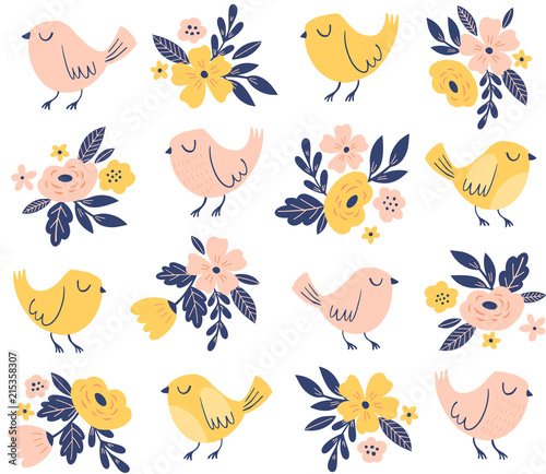 Cute flowers and birds vector pattern. Spring floral bouquets, floral arrangments and cartoon birds childish illustration.