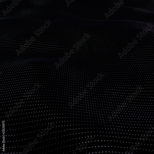 Illustration background of particles on surface with waves. 3D Illustration of perspective glimmering surface.