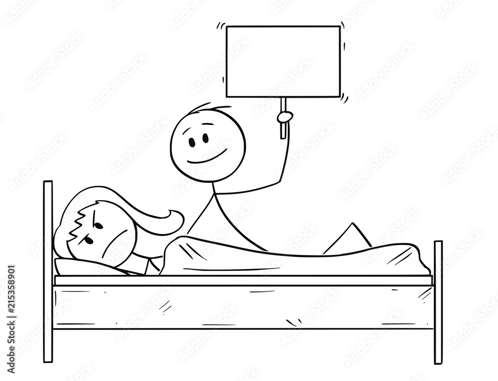 Cartoon Stick Drawing Conceptual Illustration Of Couple In Bed Man Offering Something Probably 