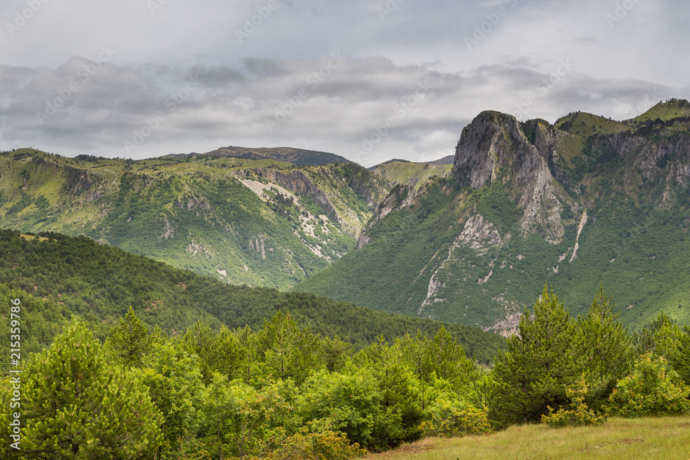 Scenic landscape view on gorge in Albanian mountain in summer day.
