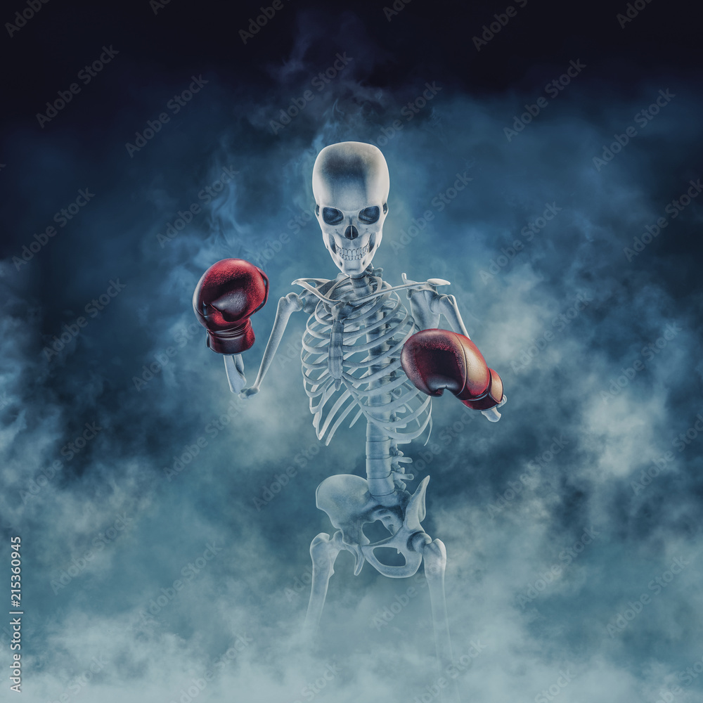 The phantom boxer / 3D illustration of scary fighter skeleton wearing boxing  gloves sign emerging through smoke Stock Illustration | Adobe Stock