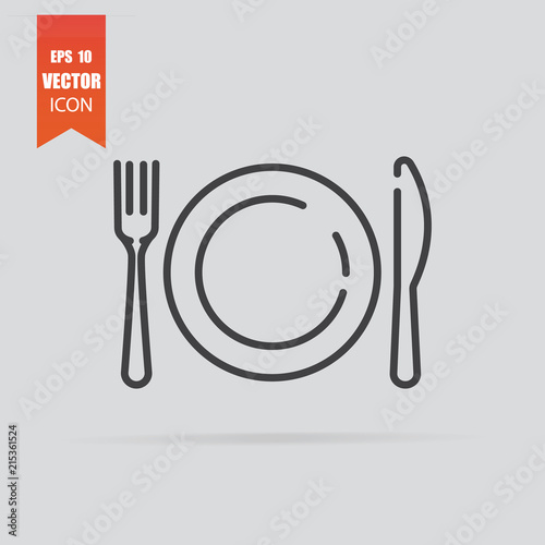 Plate,fork and knife icon in flat style isolated on grey background.