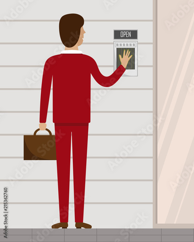 Vector illustration with the men in a red suit opening a door on a fingerprint.