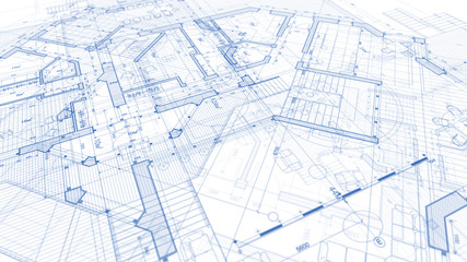 Architecture design: blueprint plan - illustration of a plan modern residential building / technology, industry, business concept illustration: real estate, building, construction, architecture