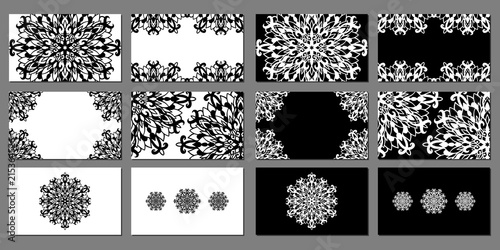 Chic and beautiful vector set of monochrome business cards templates. White and black designs with mandala laces for gift card, certificate, flyers, banners and advertisements for creative people.