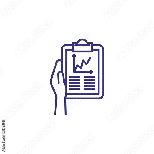 Report line icon. Hand, clipboard, chart, analytics. Marketing analysis concept. Can be used for topics like statistics, marketing, finance, business