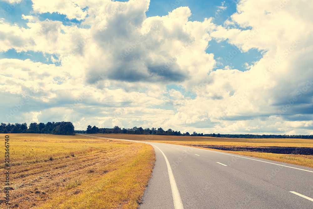 Naklejka premium Beautiful and sunny road landscape with sky clouds and yellow fields