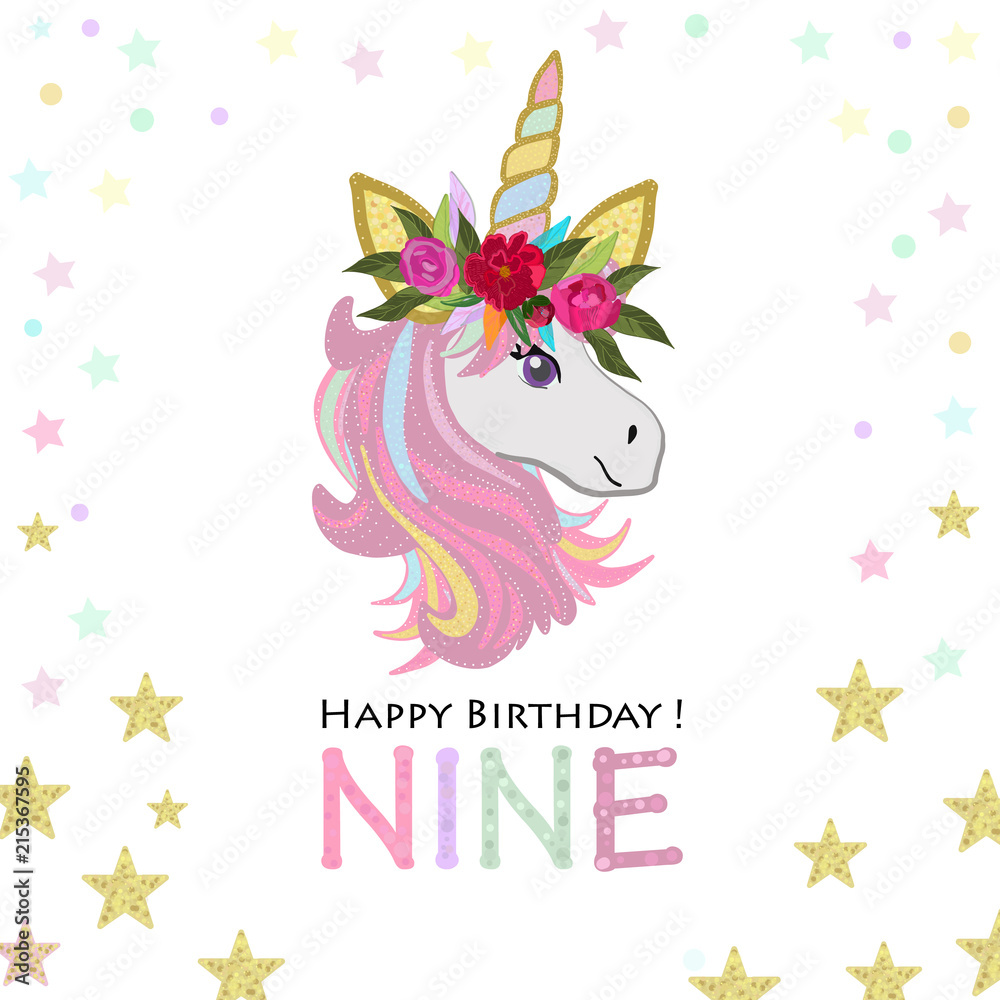 Ninth birthday greeting. Nine text. Magical Unicorn Birthday invitation. Party invitation greeting card