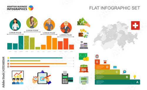 Financial bar charts template for presentation. Business data visualization. Currency, finance, planning or marketing creative concept for infographic, report, project layout.