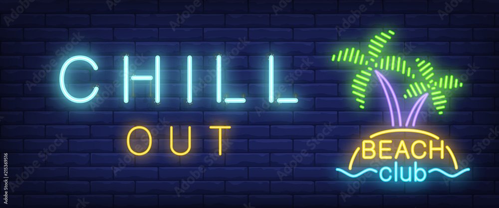 Fyrretræ glans hænge Chill out, beach club neon text with palm trees. Party, tourism and  vacation advertisement design. Night bright neon sign, colorful billboard,  light banner. Vector illustration in neon style. Stock Vector | Adobe