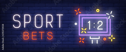Sport bets neon text with scoreboard. Sport and betting advertisement design. Night bright neon sign, colorful billboard, light banner. Vector illustration in neon style.