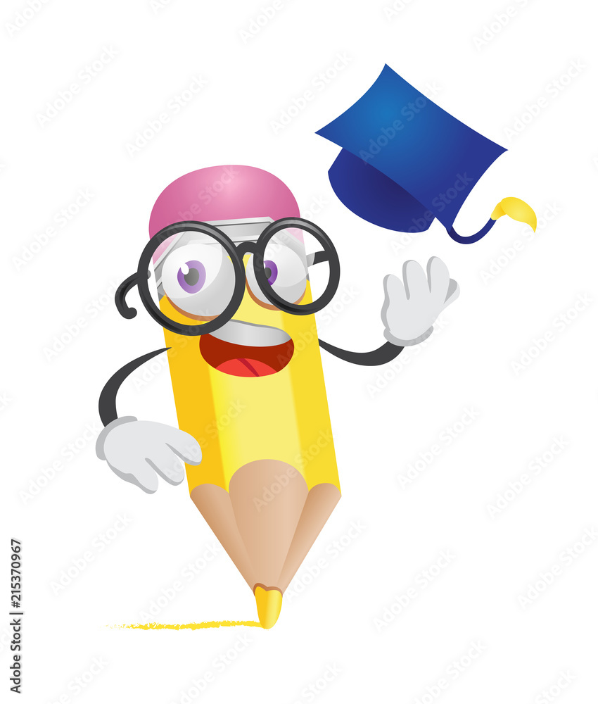 Cartoon pencil realistic vector illustration. Glasses, graduation cap, cute  character. Elementary school concept. Design element for banners, posters,  leaflets and brochures. Stock Vector | Adobe Stock
