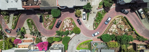 Panorama view aerial Lombard Street, an east–west street in San Francisco, California. Famous for steep, one-block section with eight hairpin turns. Crookedest, steep hills, sharp curves, one-way road