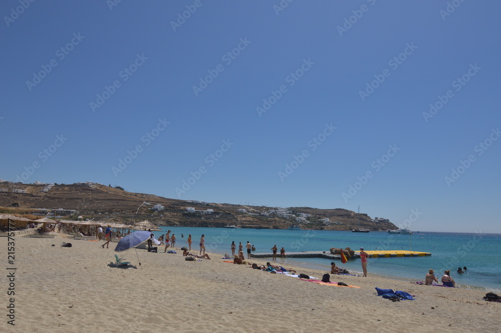 Platis Gialos Beach On The Island Of Mykonos. Nature Landscapes Travel Cruises. July 3, 2018. Island of Mikonos Greece.