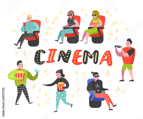 Cartoon People with Popcorn and Soda Watching Movie in the Cinema. Man and Woman Characters in 3d Glasses. Vector illustration