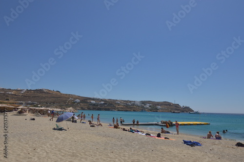 Platis Gialos Beach On The Island Of Mykonos. Nature Landscapes Travel Cruises. July 3, 2018. Island of Mikonos Greece. © Raul H