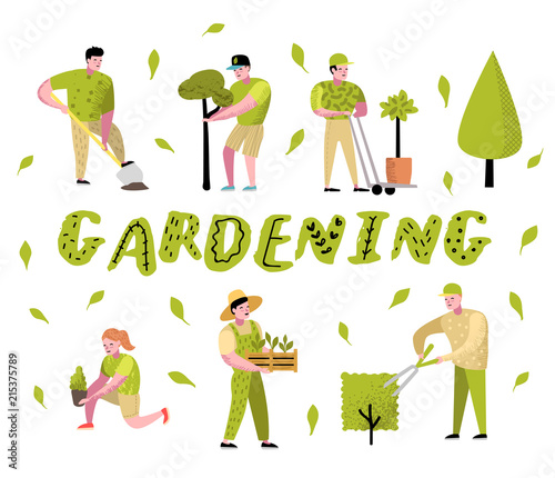 Gardening Cartoons Set. Funny Simple Characters with Plants and Trees. Man and Woman Gardener. Vector illustration