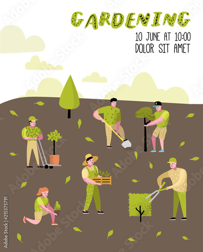 Gardening Cartoons Poster. Funny Simple Characters with Plants and Trees. Man and Woman Gardener. Vector illustration