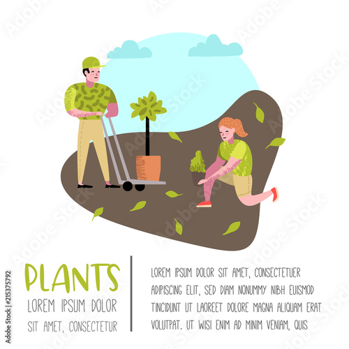 Gardening Cartoons Poster. Funny Simple Characters with Plants and Trees. Man and Woman Gardener. Vector illustration