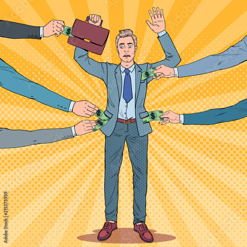 Pop Art Worried Businessman with Hands Up Robbed by Thieves. Pickpockets Steals Money from Man. Vector illustration