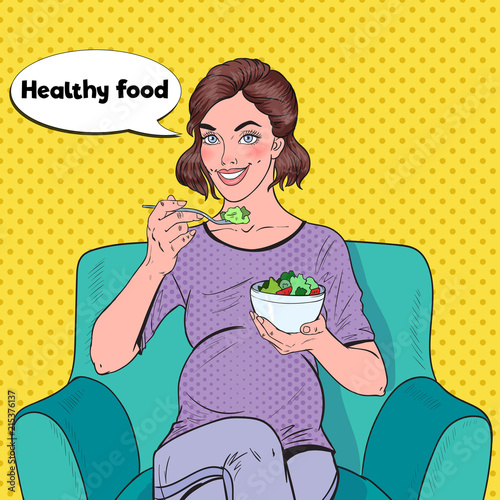 Pop Art Happy Pregnant Woman Eating Salad at Home. Healthy Food, Motherhood Concept. Vector illustration