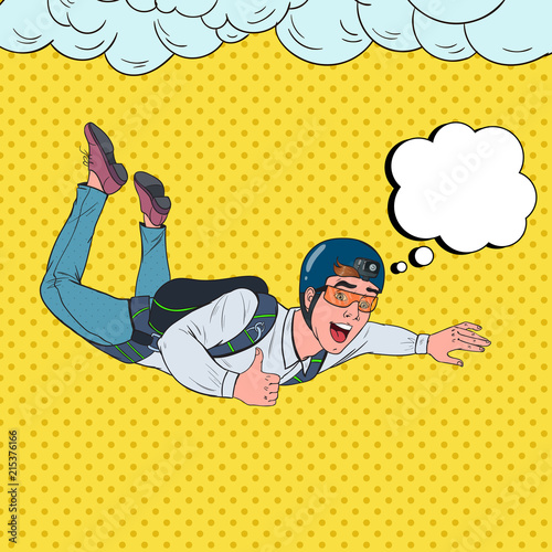 Pop Art Businessman Flying with Parachute. Happy Man Parachutist. Skydiver in the Air. Vector illustration