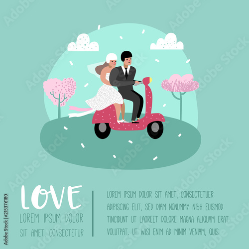 Wedding People Cartoons Bride and Groom Characters Poster Card. Romantic Ceremony Elements with Happy Couple. Vector illustration