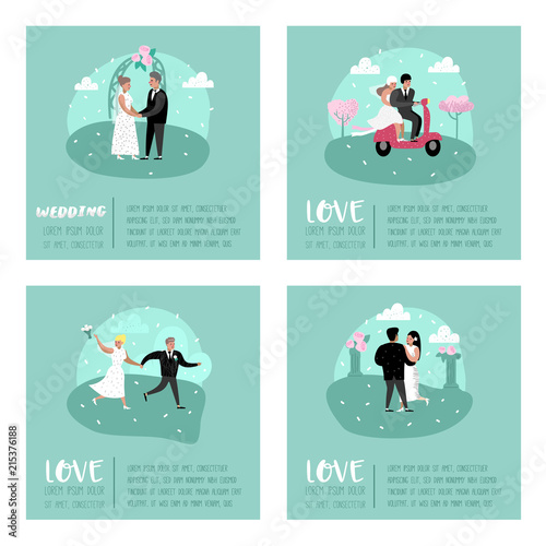 Wedding People Cartoons Bride and Groom Characters Poster Card. Romantic Ceremony Elements with Happy Couple. Vector illustration