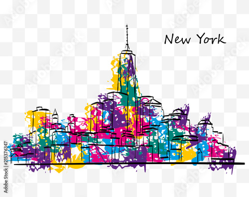 Colorful skyline of Manhattan, New York, in ink and colored paint on a transparent background.